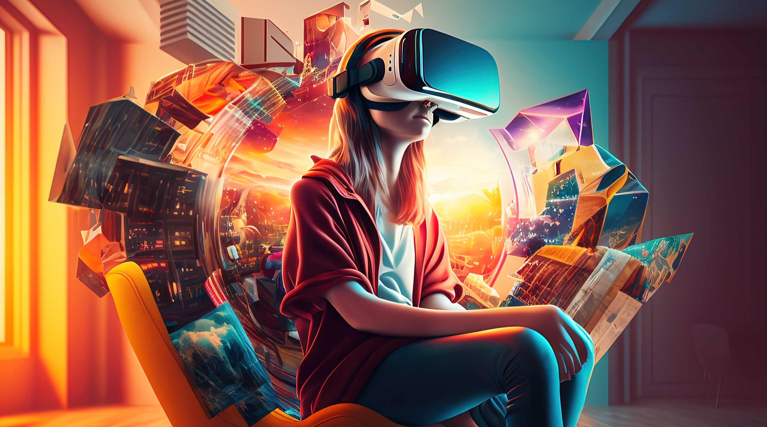 Young creative woman in virtual reality headset at home Digital technologies of the future AI
